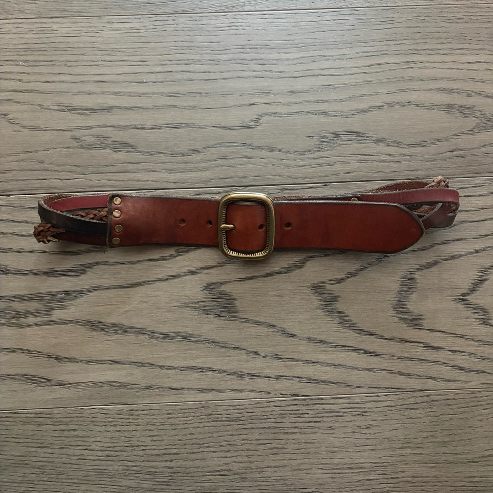 Lucky Brand Braided Genuine Leather Belt with Brass Gold Buckle
